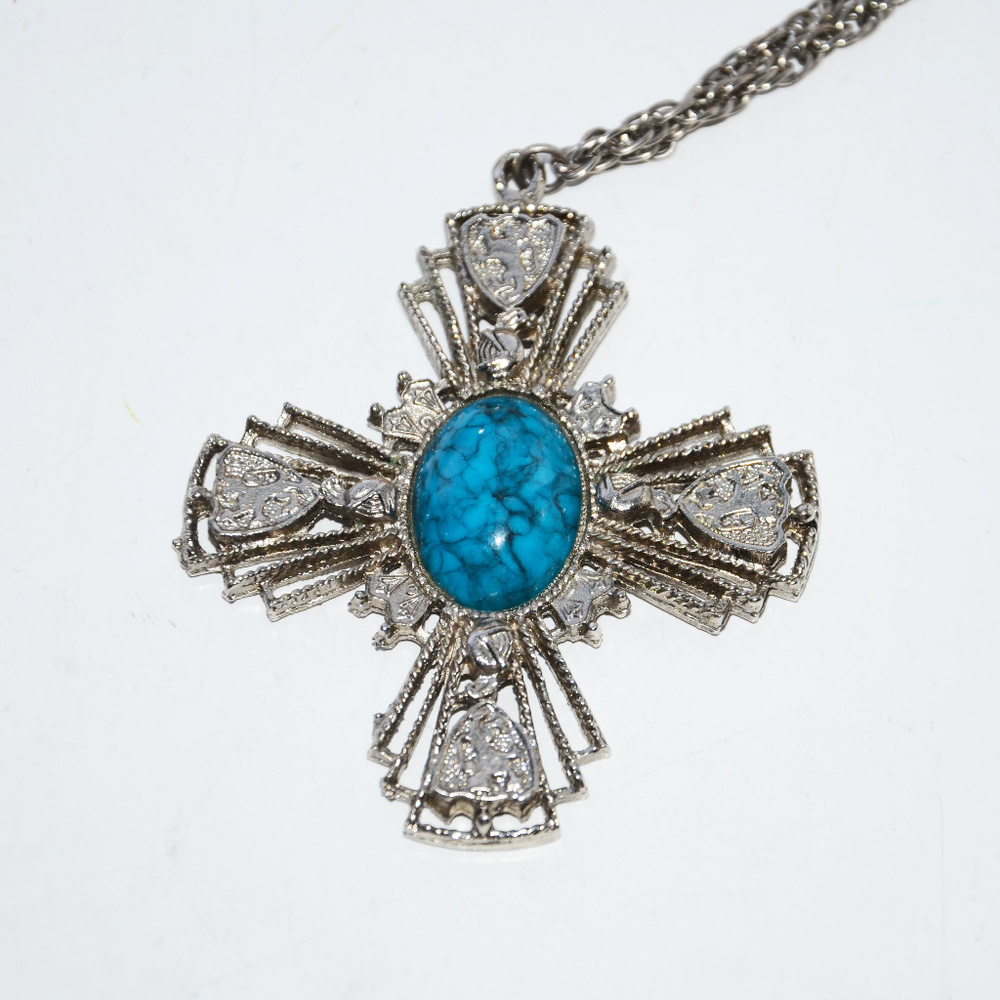 1990's large silver cross pendant turquoise cab